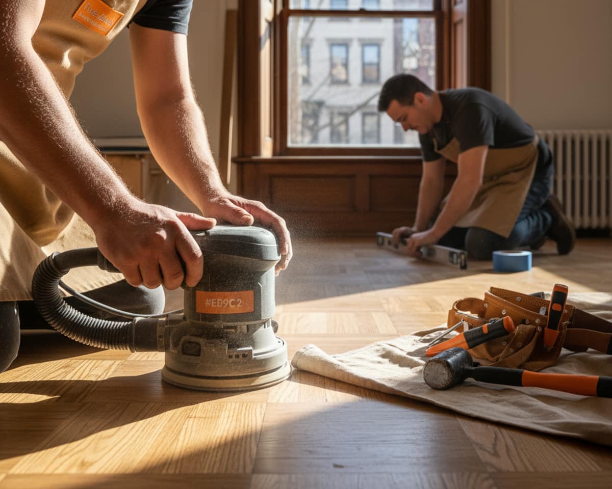 A close-up of a hardwood flooring craftsmen thoroughly working on a floor, highlighting precision.