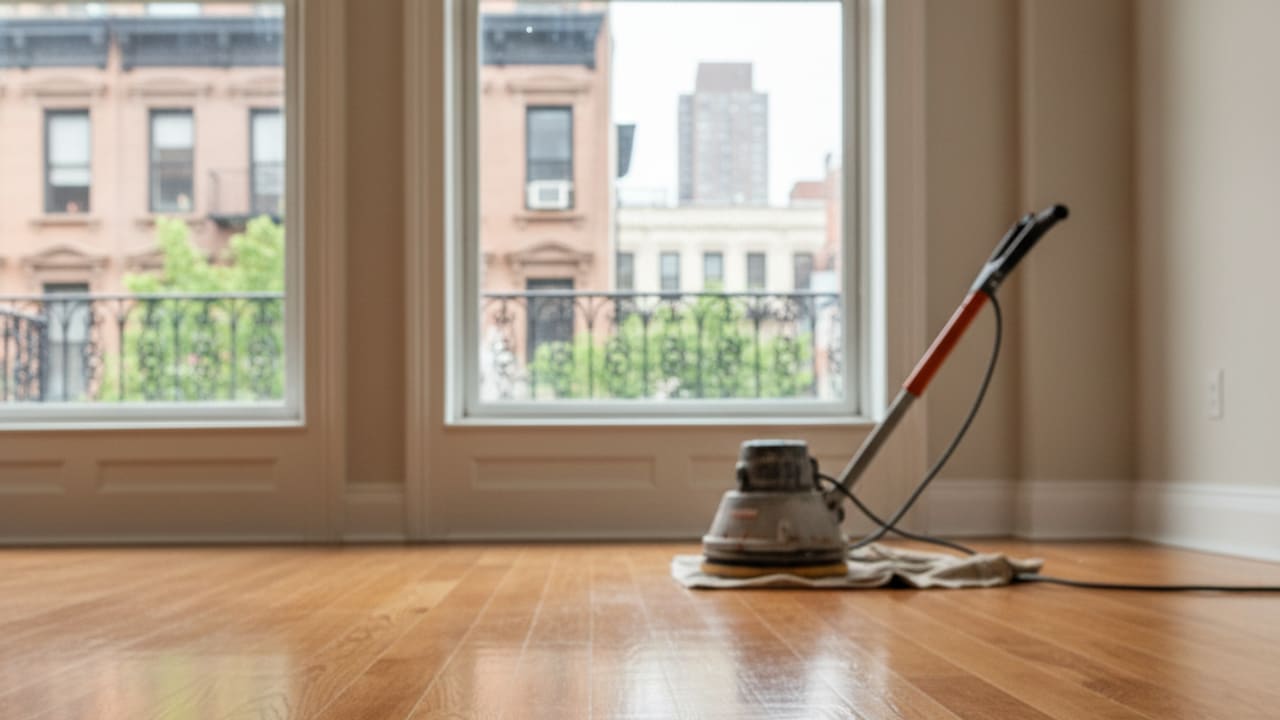 Close-up of newly refinished gleaming hardwood floor in a New York home