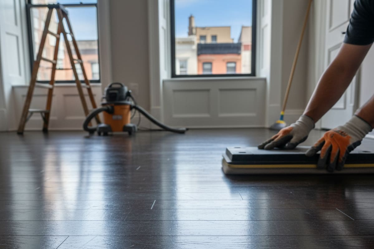 Close-up of a dark-stained, freshly refinished hardwood floor showcasing its deep color and smooth texture.
