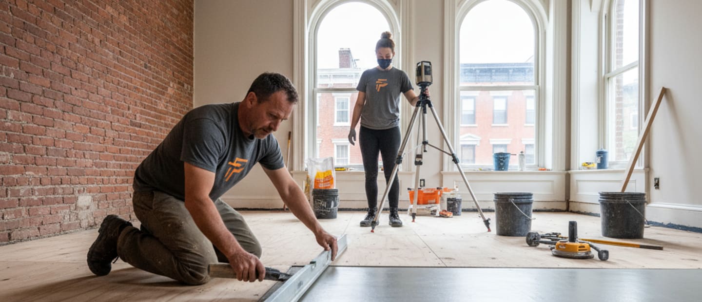 A close-up of a perfectly leveled subfloor, smooth and ready for new hardwood floor installation.
