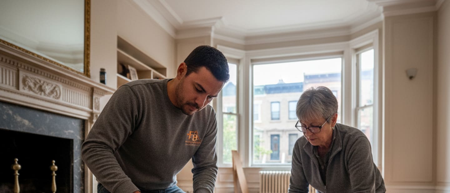 Expert craftsmen repairing a damaged hardwood floor with precision tools.