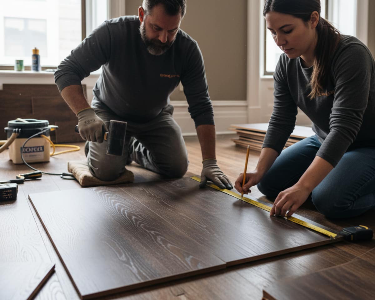 Craftsmen carefully installing individual hardwood planks, focusing on precision