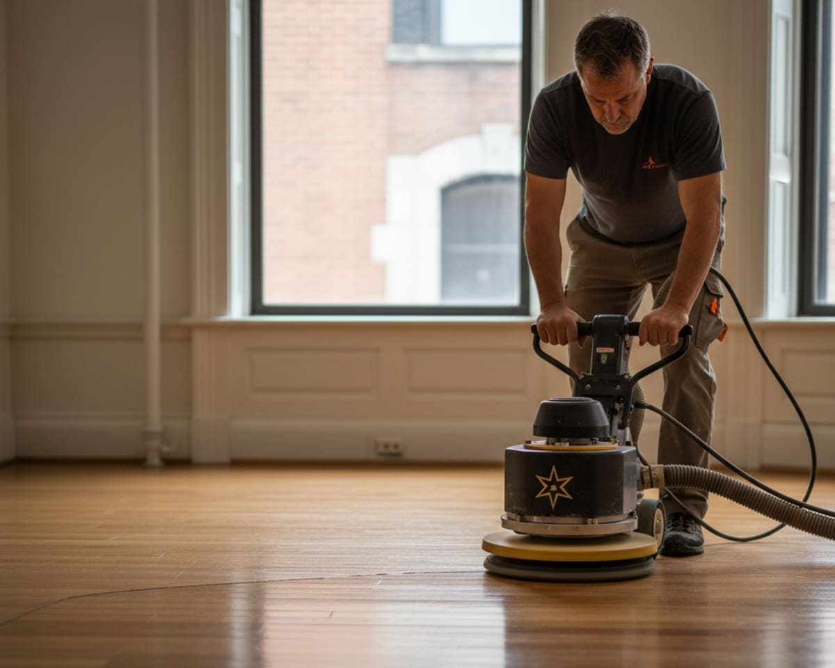 Technician using a specialized buffer machine for floor polishing on a hardwood surface to enhance shine.