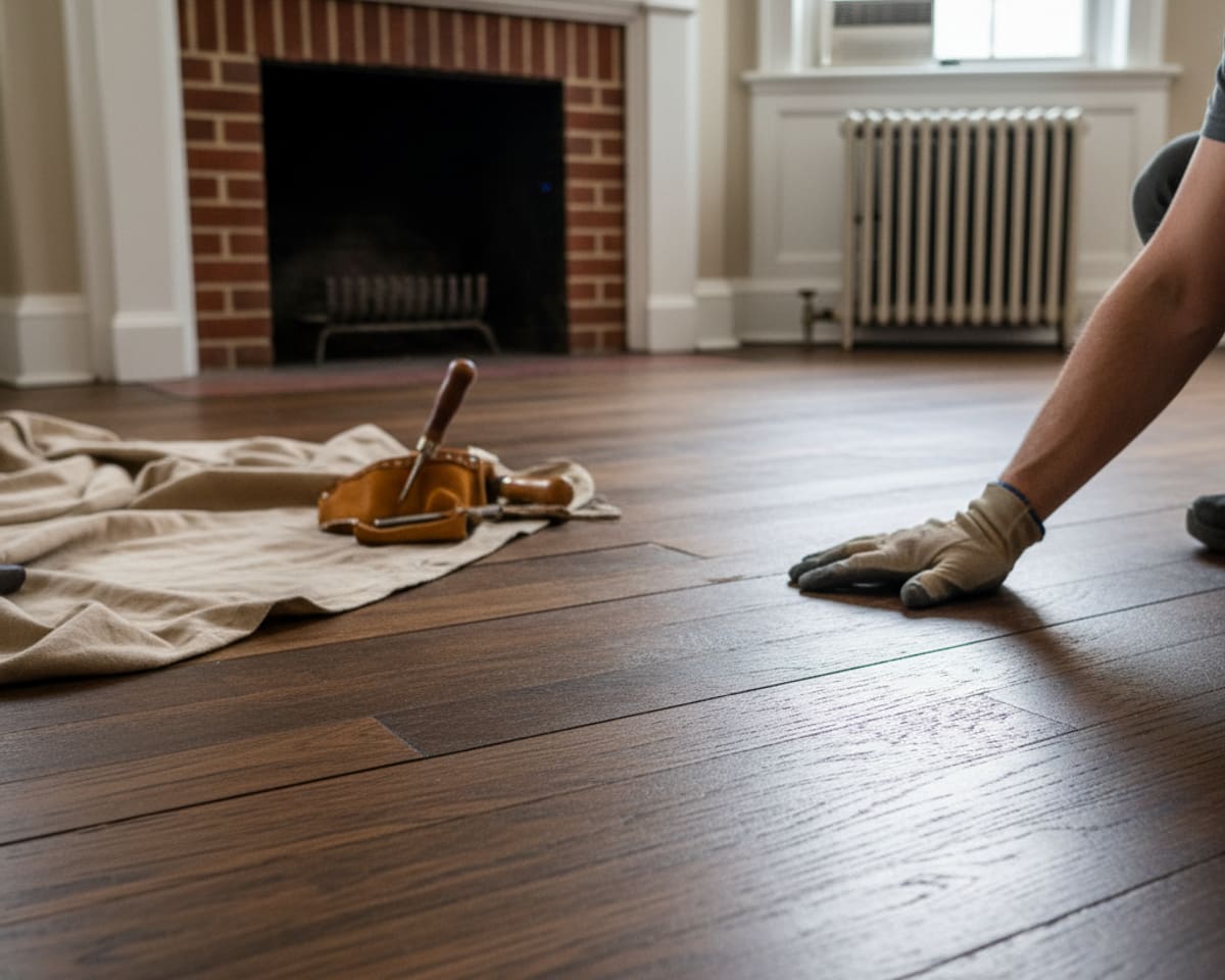 Close-up of a perfectly repaired hardwood floor section, blending smoothly with the surrounding wood.